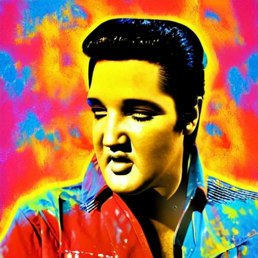 Prompt: elvis presley performing in a jumpsuit, art by alessandro pautasso, rainbow abstract face, fractal, paint splash, full body, beautiful
