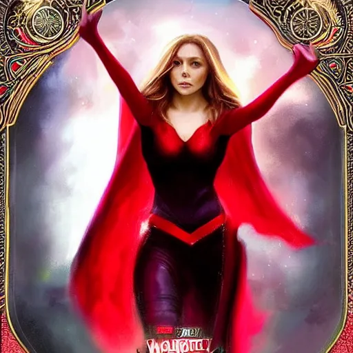 Image similar to elizabeth olsen as scarlet witch in a red dress, concept art by anne stokes, polycount contest winner, fantasy art, wiccan, concept art, tarot card