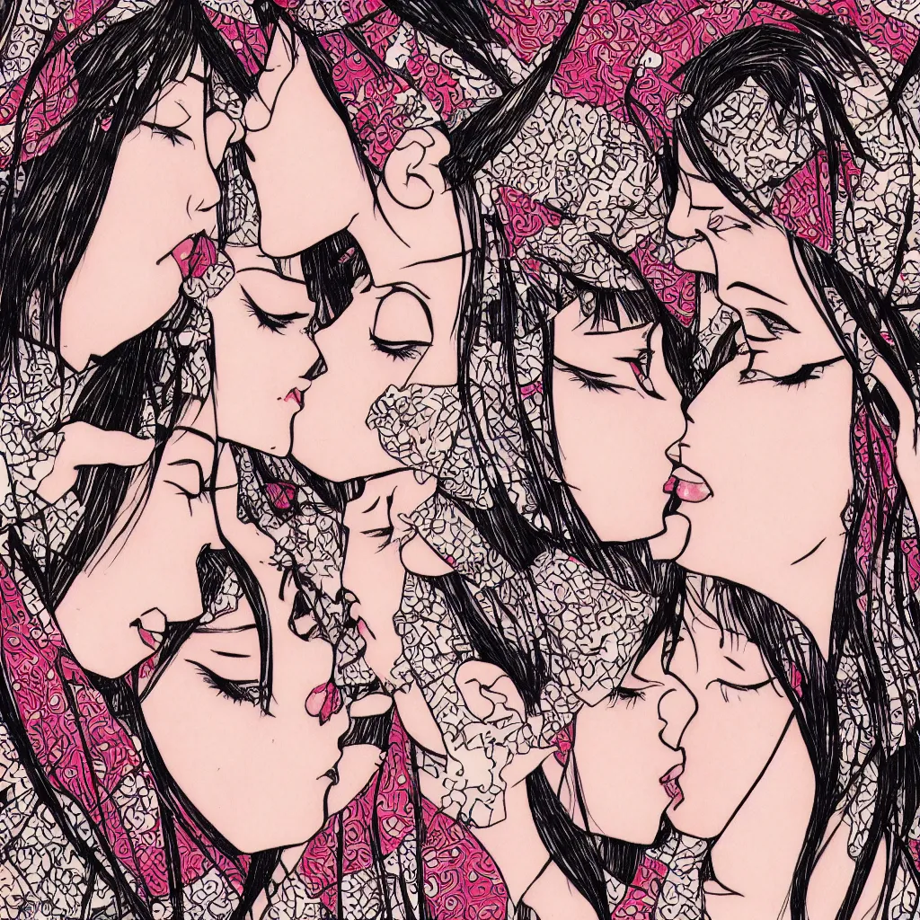 Prompt: close - up of two women made of patterns kissing each other, manga art by araki, jojo's bizarre adventure key visual