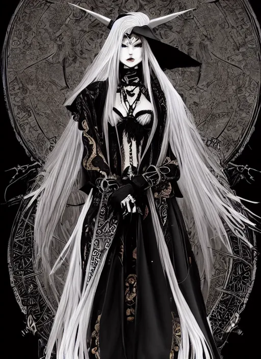 Image similar to beautiful human witch with blonde long straight hair in intricate ornate witch robe, haughty evil look, witch hat. in style of yoji shinkawa and hyung - tae kim, trending on artstation, dark fantasy, great composition, concept art, highly detailed, dynamic pose.