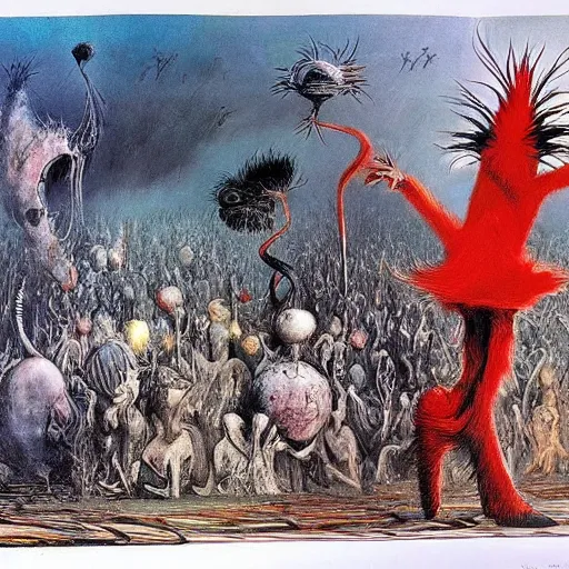 Prompt: stephen gammell dr seuss francisco goya max ernst graham ingels, wide angle landscape beautiful vibrant colors. realistic faces colorful image. award - winning art!