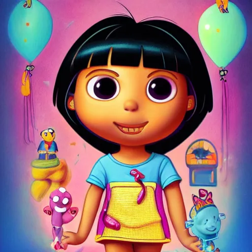 Prompt: dora the explorer as real girl in happy pose, detailed, intricate complex background, Pop Surrealism lowbrow art style, mute colors, soft lighting, by Mark Ryden and Allen Ginsberg, artstation cgsociety