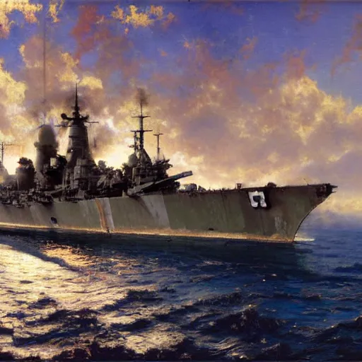 Prompt: detailed cinematic wide shot of world war 2 battleship, ultra realistic, spring light, painting by gaston bussiere, craig mullins, j. c. leyendecker.