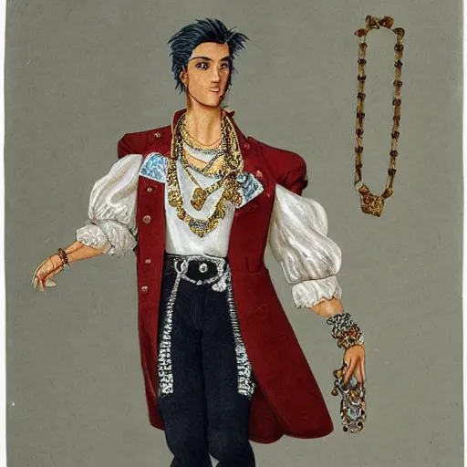 Prompt: a character model design of a handsome rebellious young man wearing excessive jewelry in an ornate and elegant way