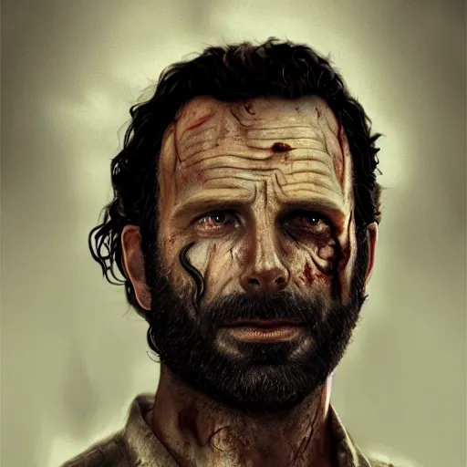 Prompt: rick grimes, zombie, head and shoulders shot, portrait, medieval, vivid colors, sharp focus, digital art, Hyper-realistic, 4K, Unreal Engine, Highly Detailed, HD, Dramatic Lighting by Brom, trending on Artstation