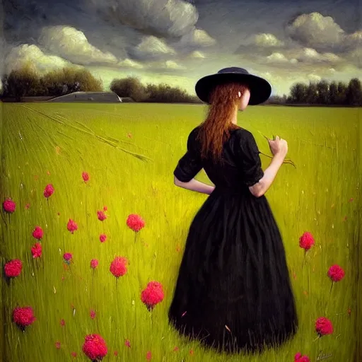 Image similar to a girl standing in a field, wearing black old dress and hat, by andrea kowch, andrea kowch style painting, dark, scene, magicrealism, flowers in background,