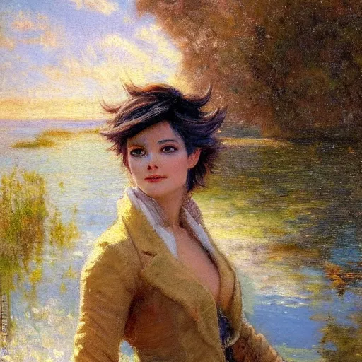 Image similar to Gaston Bussiere portrait of Tracer (Overwatch) swimming in the middle of a crystal clear lake