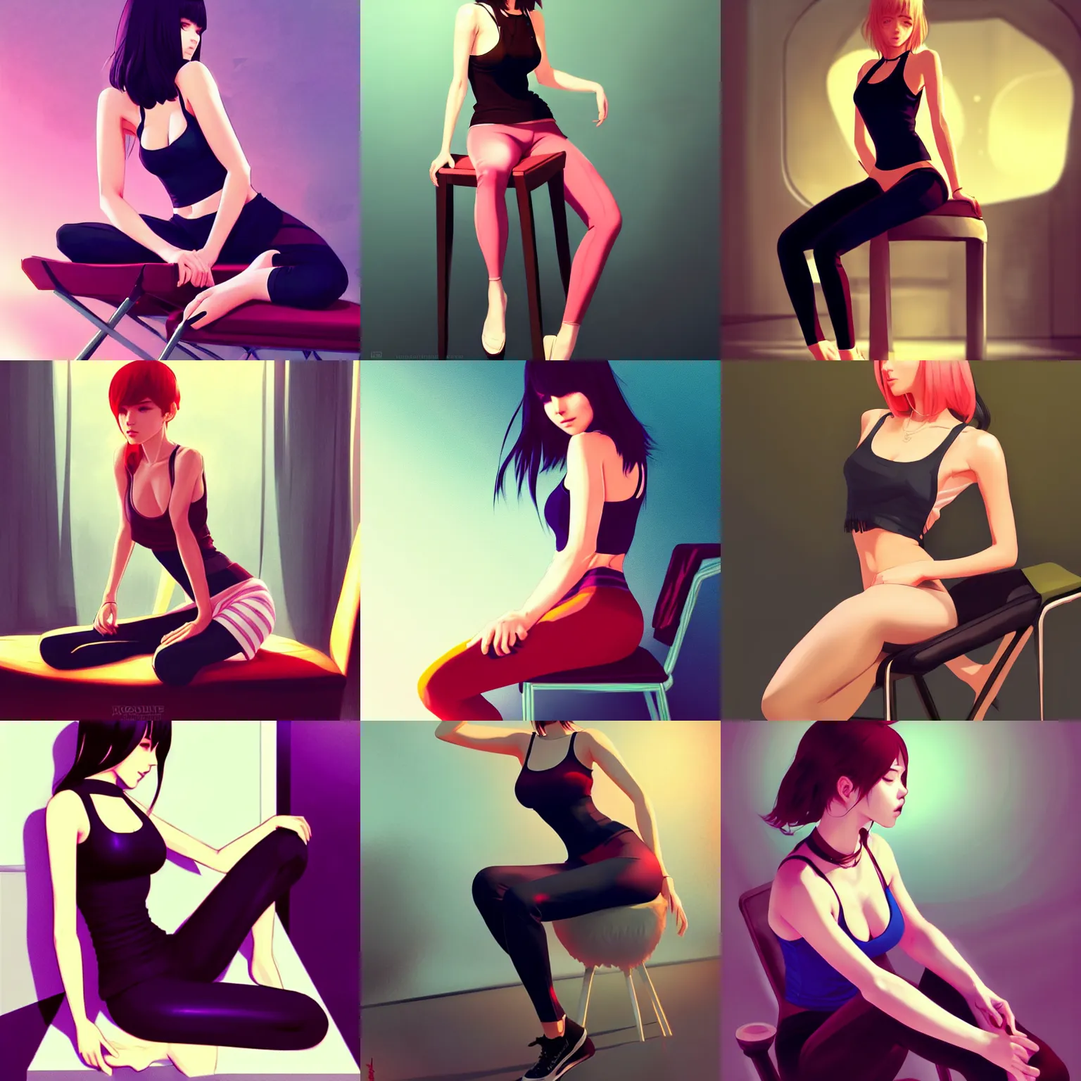 Prompt: gorgeous woman with low-cut tank top and leggings sitting seductively on a tilted chair, high definition art in the style of Ross Tran and Ilya Kuvshinov, stunning view of a longing desire, artstation