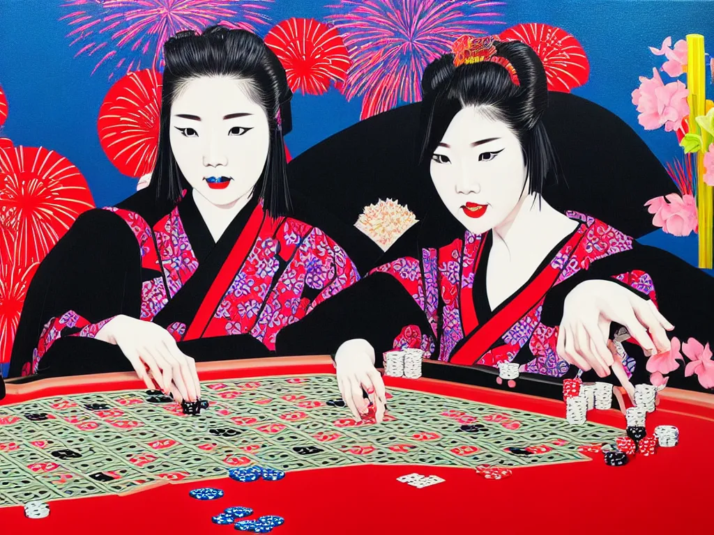 Image similar to hyperrealistic composition of the detailed woman in a japanese kimono sitting at a extremely detailed poker table with detailed darth vader, fireworks, mount fuji on the background, pop - art style, jacky tsai style, andy warhol style, acrylic on canvas