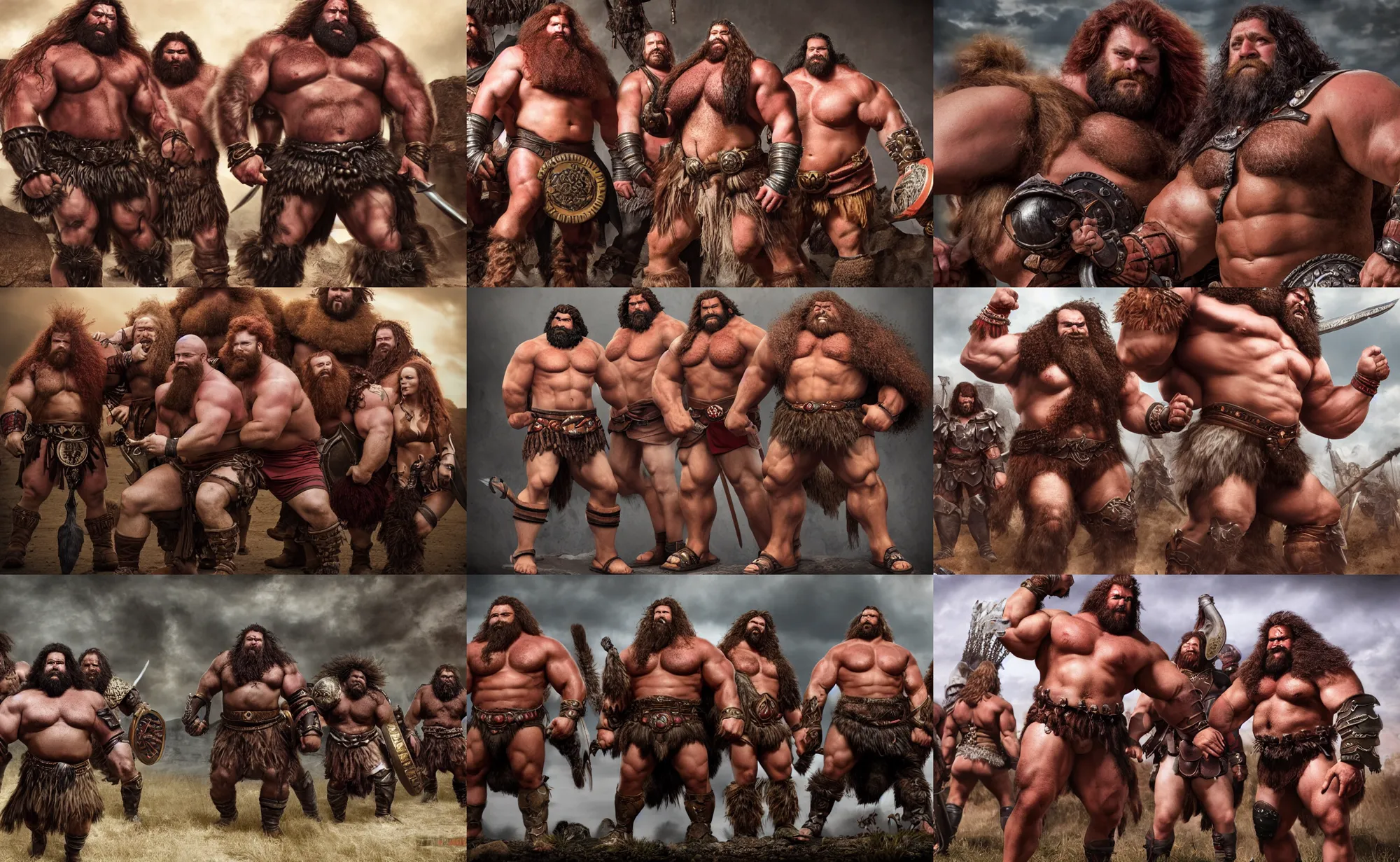 Prompt: warband of big hairy thick masculine barbarian strongman kings with massive muscle and dark red hair in metal loincloths, photography, highly detailed, epic, high definition, 4 k, 8 k, dad energy