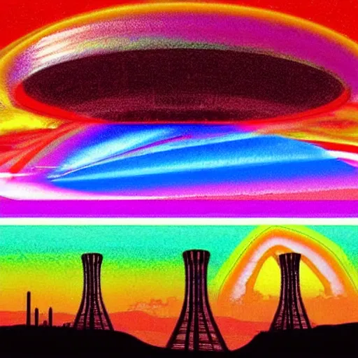 Image similar to A Masterpiece Landscape of a broken down nuclear power station, Nuclear blast imminent, nuclear reactor going critical. Rainbow Color Scheme