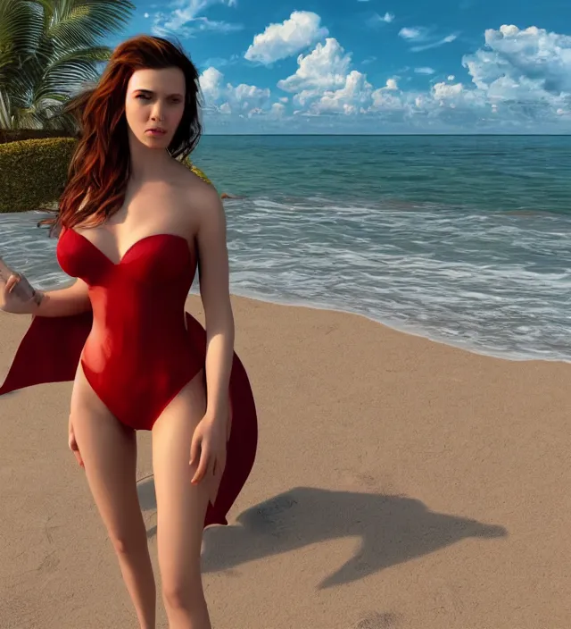 Image similar to scarlet witch in bikini at a beachside, nostalgia, very detailed texture, realistic shaded lighting, studio quality, digital art, painting background, unreal engine 5 rendered, octane rendered, pinnacle studio, naturel, trending on artstation, art style by nixeu and ian sprigger