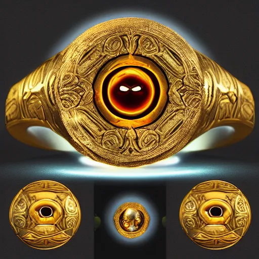 Image similar to a dnd golden wedding ring with three small glowing orbs in the center of its face, digital painting, artstation