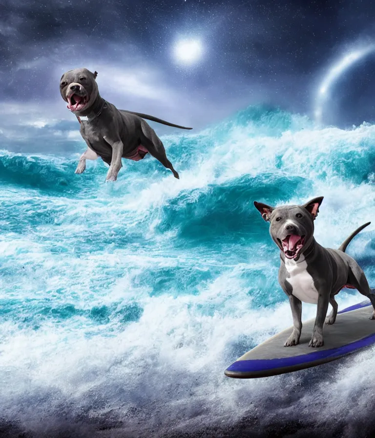 Image similar to photo of a dark gray coat pit bull with a white paws and a white nose!, surfing on a surfboard in a crashing wave of alien ocean in space, background is an alien galaxy, aliens in the background, alien colors, octane render, unreal engine, wide view, 8 k, highly detailed