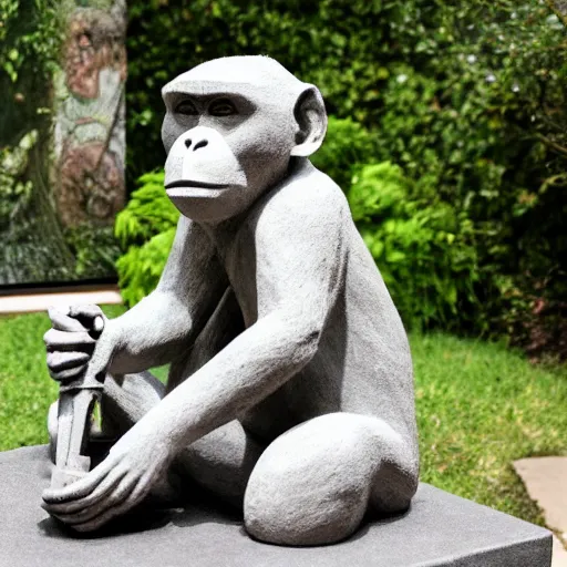 Image similar to a concrete statue of a monkey playing the guitar