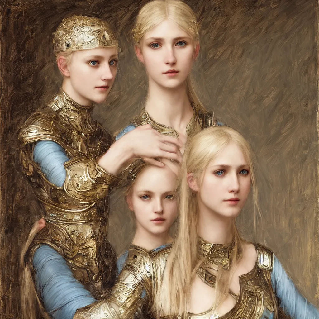 Image similar to armored beautiful pale platinum - blonde young woman with light blue eyes, soft gaze, a golden round halo around her head, wearing a fine decorated silver breastplate, painted by john william waterhouse : : 0. 5, epic fantasy, masterpiece, portrait, fine art, digital art, detailed, ultra - hd, cinematic, volumetric, intricate
