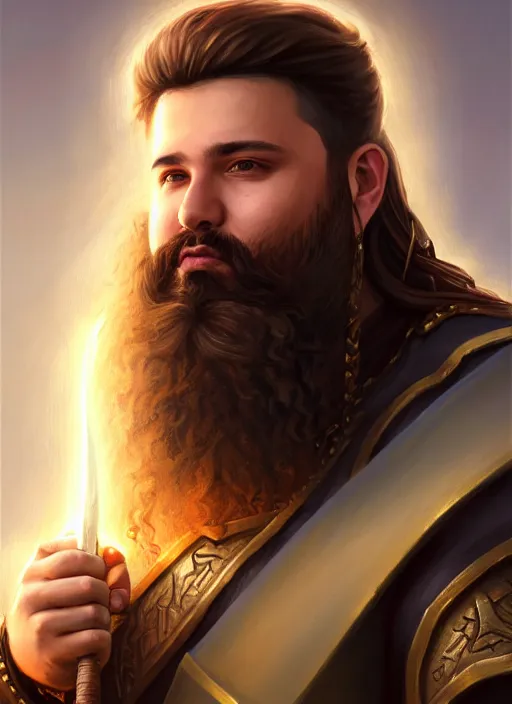 Image similar to a _ fantasy _ style _ portrait _ painting _ of esfandtv light brown male holy paladin with long wavy brown hair chubby and beard, hammer weapon, rpg dnd oil _ painting _ unreal _ 5 _ daz. _ rpg _ portrait _ extremely _ detailed _ artgerm _ greg _ rutkowski _ greg