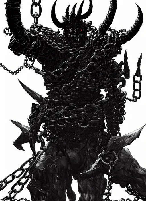 Prompt: scary demon man with twisted face, horns, armour made of chains. in style of yoji shinkawa and hyung - tae kim, trending on artstation, dark fantasy, great composition, concept art, highly detailed, dynamic pose.