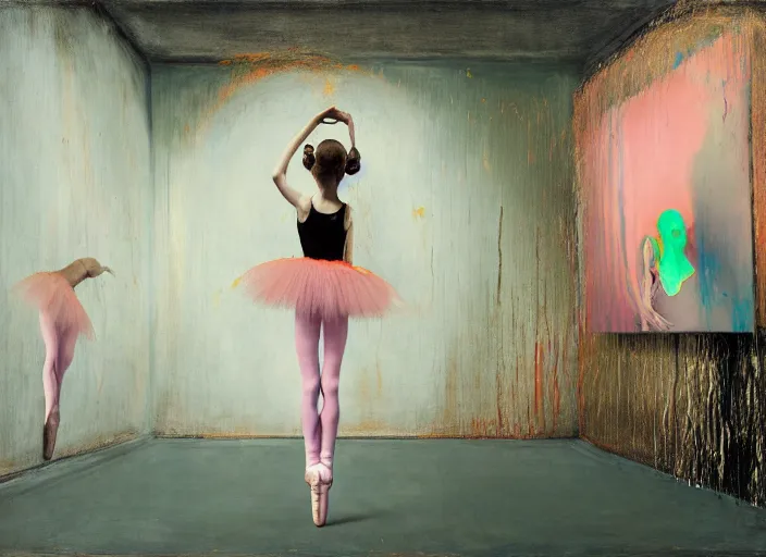 Image similar to portrait of nervous young girl ballerina sitting on the floor focusing in a dance hall by beeple and hernan bas and francis bacon and pat steir and hilma af klint, psychological, photorealistic, symmetrical face, dripping paint, washy brush, matte painting, rendered in octane, altermodern, masterpiece