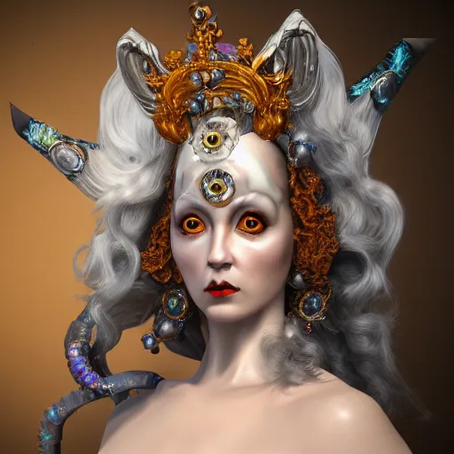 Prompt: realistic rococo style alien witch goddess queen with crystal gems crown sharp focus 8 k