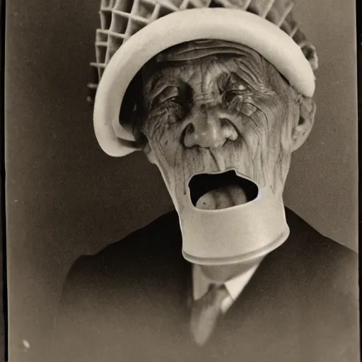 Prompt: detailed 1930s photograph of a wrinkled old man with a tall hat made of waffle cone, filled with huge scoops of real ice cream