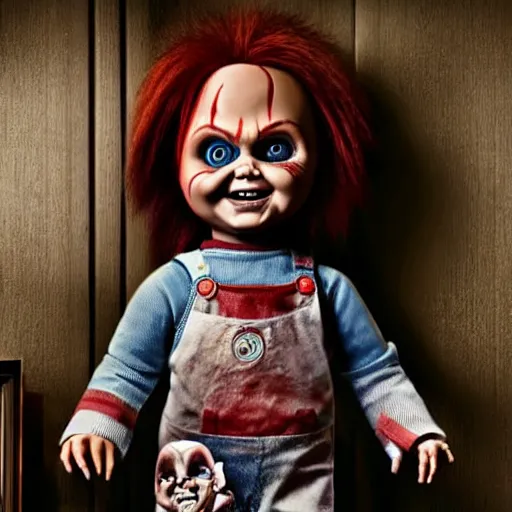 Image similar to chucky the killer doll standing in a room full of creepy evil killer dolls