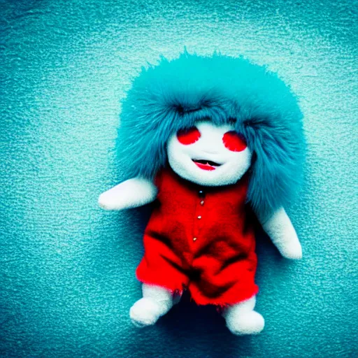 Image similar to lomography long shot of cute plush fluffy chthonic doll monster made to look like a baby, bokeh background