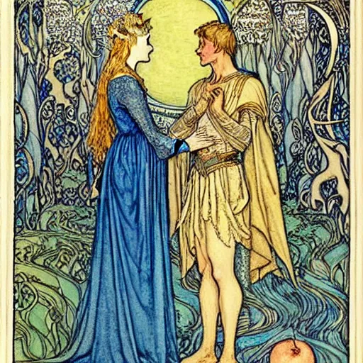 Prompt: Queen Galadriel meets with a prince, the background is a golden apple tree, detailed, blue tones, silver, romantic, intricate fairy tale illustration from an old book by Walter Crane, Florence Harrison and Arthur Rackham