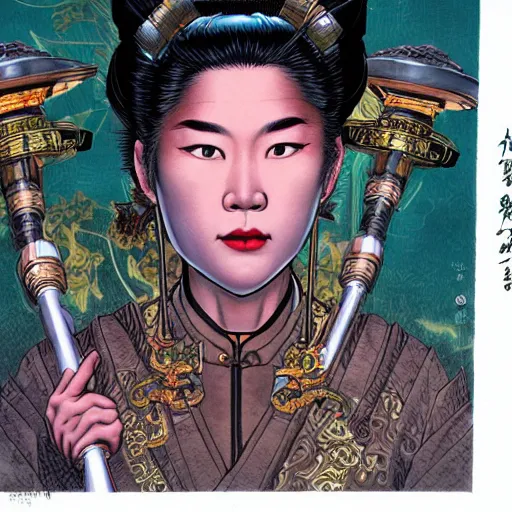 Image similar to portrait of miao yin from big trouble in little china, symmetrical, by yoichi hatakenaka, masamune shirow, josan gonzales and dan mumford, ayami kojima, takato yamamoto, barclay shaw, karol bak, yukito kishiro