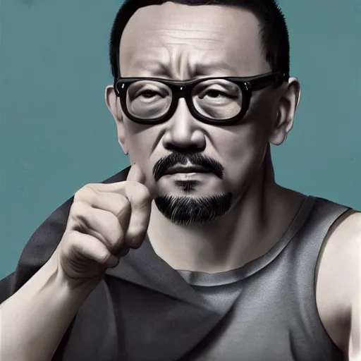 Image similar to a photorealistc digital art of jiang wen shows his muscle, award winning photography, trending on artstation