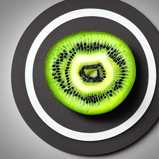 Image similar to vinyl player with vinyl record in shape of huge kiwi fruit, 4 k, optical illusion, unreal render, hyperrealistic textures, product shot, top view