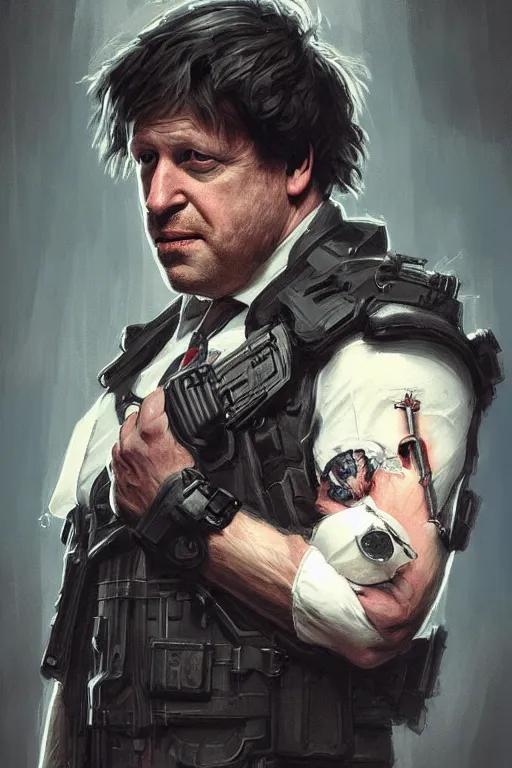 Image similar to Boris Johnson as Punisher, realitic portrait, skull image on the vest, highly detailed, digital painting, artstation, concept art, smooth lines, sharp focus, illustration, cinematic lighting, art by artgerm and greg rutkowski and alphonse mucha