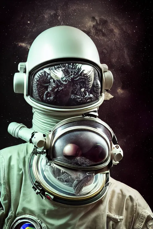 Image similar to extremely detailed studio portrait of space astronaut, alien tentacle protruding from eyes and mouth, slimy tentacle breaking through helmet visor, shattered visor, full body, soft light, disturbing, shocking realization, hyper detailed, award winning photo by eolo perfido