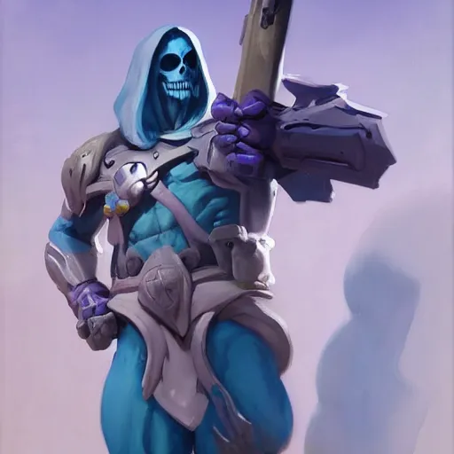 Image similar to greg manchess painting of skeletor as an overwatch character, profile picture, matte painting, bold shapes, hard edges, street art, trending on artstation, by huang guangjian and gil elvgren and sachin teng