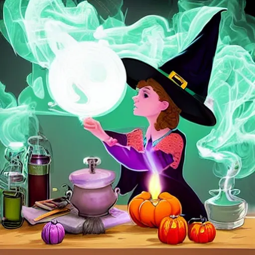 Image similar to teen witch mixing a spell in a cauldron, an owl is standing on the table, a cat is on the table, wispy smoke fills the air, a witch hat, cinematic, green glowing smoke is coming out of the cauldron, ingredients on the table, unorganized apothecary shelves in the background, kids halloween costume