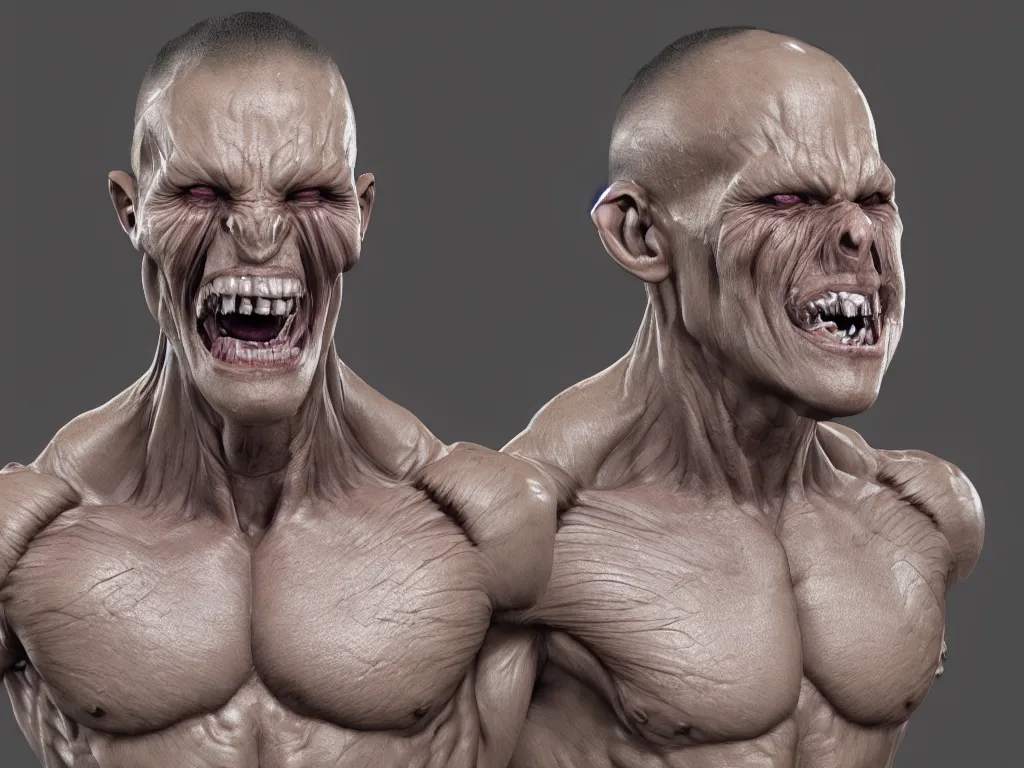 Image similar to muscular body, isopod exoskeleton, mesomorph, chiroptera head, chiroptera ears, big sharp teeth, hyperrealism, artstation, cgsociety, zbrush, no background