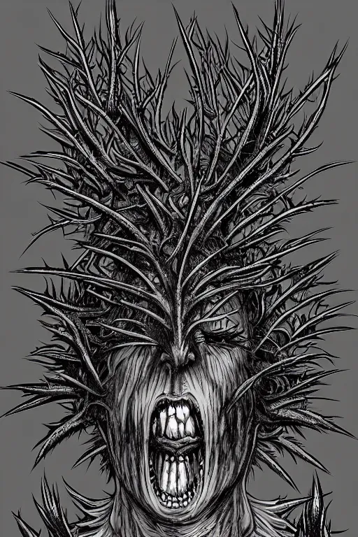 Image similar to thistle monster humanoid figure, symmetrical, highly detailed, digital art, needles, thorns, sharp focus, trending on art station, kentaro miura manga art style