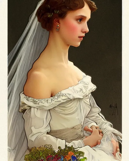 Image similar to a painting of a girl resembling alicia vikander or millie bobby brown in a wedding dress, highly detailed, intricate, artstation, by alphonse mucha