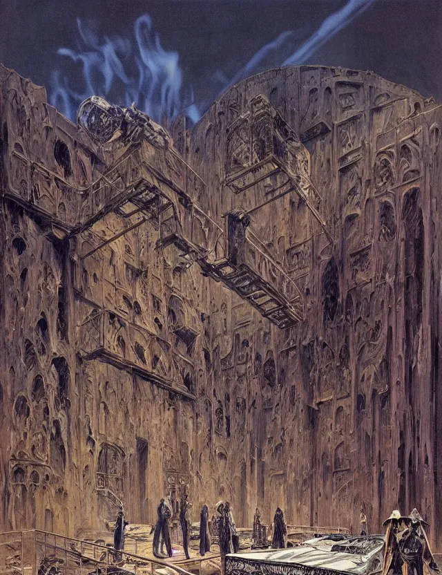 Image similar to huge gothic crematorium on desert planet, elevator, side ramp entrance ambulance smoke dead bodies, guards intricate, painting by lucian freud and mark brooks, bruce pennington, dark colors, neon, death, guards, nice style culture