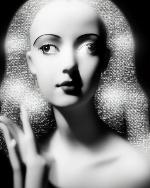 Image similar to black and white dreamy young beautiful female artificial intelligence, metropolis, cinematic, rim light, bokeh, photo - realistic, elegant, high detail, 8 k, masterpiece, photo taken in 1 9 3 0, inspired by cecil beaton