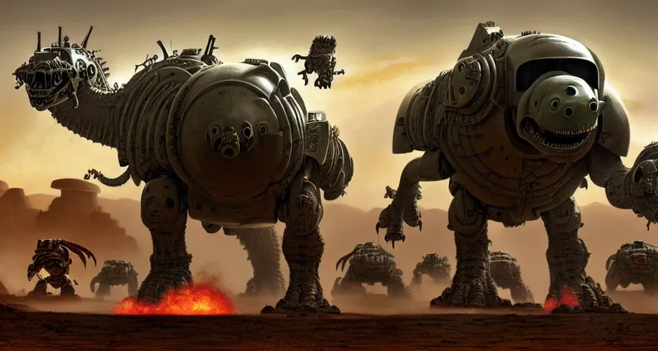 Prompt: pixar dinosaurs googly eyes cyborg running kangaroo atat, military tank fury road iron smelting pits space marines, of spiked gears of war skulls, military chris foss, john harris, hoover dam'aircraft carrier tower'beeple, wayne barlowe, warhammer 4 0 k, halo, halo, mass effect