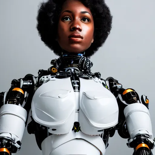 Prompt: beautiful centered fine art photo portrait of beautiful black girl with solarpunk mecha humanoid parts with led lights, sexy serpentine pose gesture, photorealistic, white background, highly detailed and intricate, soft box lighting, shallow depth of field hdr 8 k