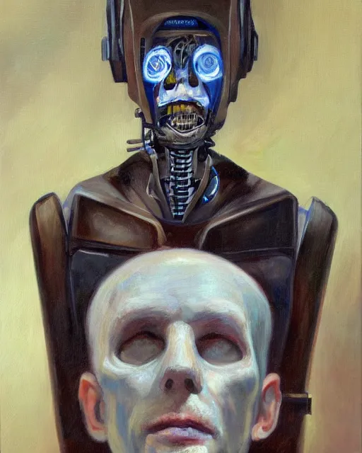 Prompt: sweet interesting portrait of a scared cyborg man, oil painting. HD