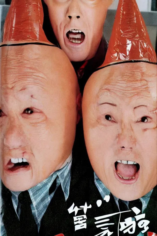 Image similar to coneheads, japanese vhs cover art, detailed facial expressions