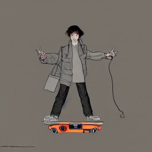 Image similar to imagine interzone grey secret society, citizen on back to the future part ii ( 1 9 8 9 ) hoverboard, by ashley wood and moebius, artstation, 4 k detailed post processing, footage