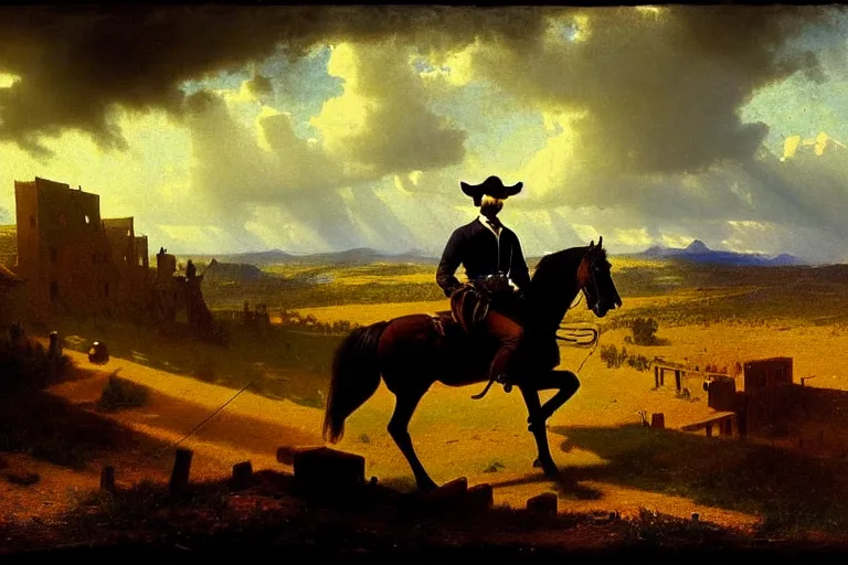 Prompt: an extremely detailed masterpiece photograph of a 1 8 9 0's gunslinger on his horse, gun drawn while overlooking an old town, in the style of albert bierstadt, epic scene, extremely moody lighting, cinematic, 8 k