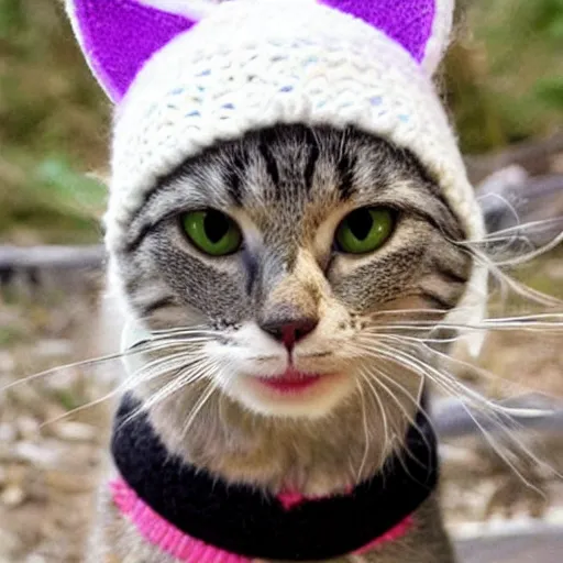 Prompt: cute cat photo licking tongue, wearing wool hat, cat ears