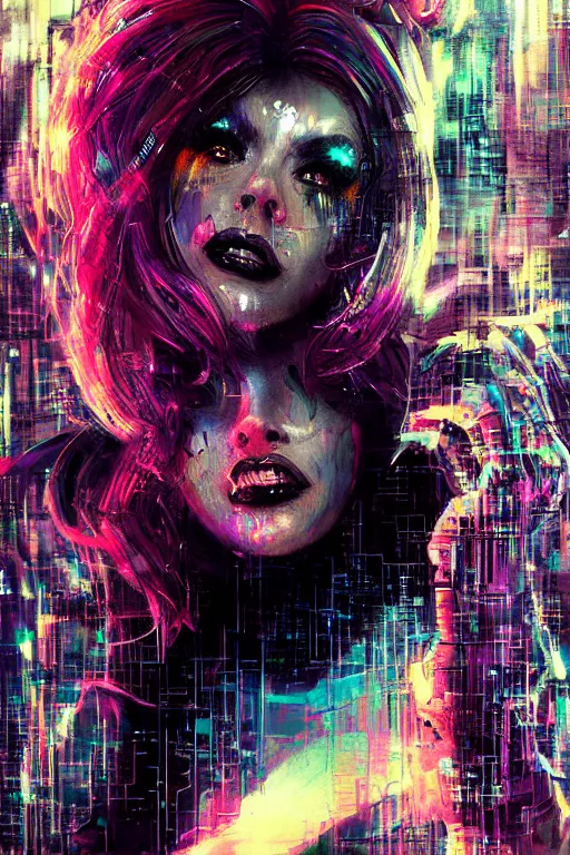 Prompt: portrait, headshot, digital painting, an beautiful techno - witch lady in circuit electronic mask, opalescent, synthwave, glitch, vhs, fracture,, realistic, hyperdetailed, chiaroscuro, concept art, art by john berkey