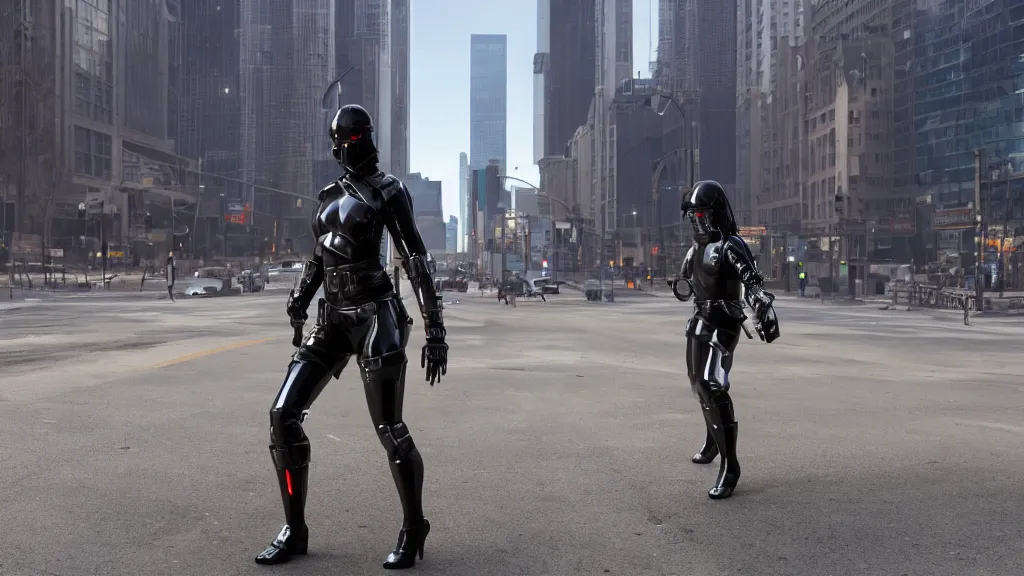 Image similar to modern sci-fi ninja woman with a mechanical sword and translucent shiny armour, walking towards oncoming traffic in downtown chicago, daytime, matte painting, unreal engine, cinematic camera, mirrors edge, inception