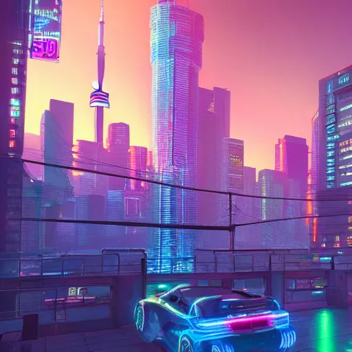 Image similar to Neon cyberpunk cityscape of Toronto Canada including CN tower with flying cars and advertisement screens, Blender 3D, Unreal Engine, 8k, by Jordan Grimmer and Andrea Pozzo